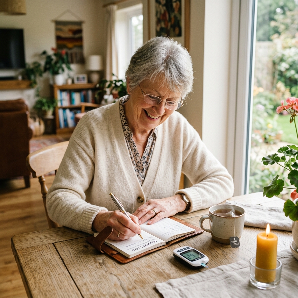 Elderly woman logging blood sugar